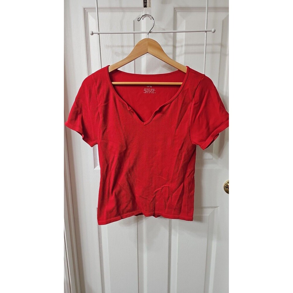 Eyecandy Red Ribbed Short Sleeve V-Neck Crop Top T-Shirt Size 2X/3X
